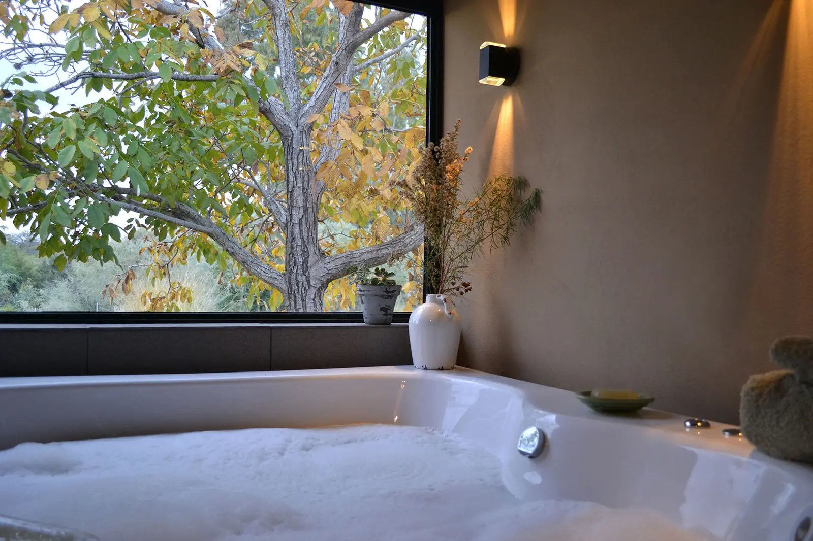 Jacuzzi doble frente a un ventanal con vista a los árboles